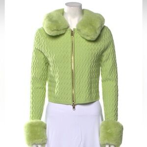 House of sunny green sweater with fur trim
